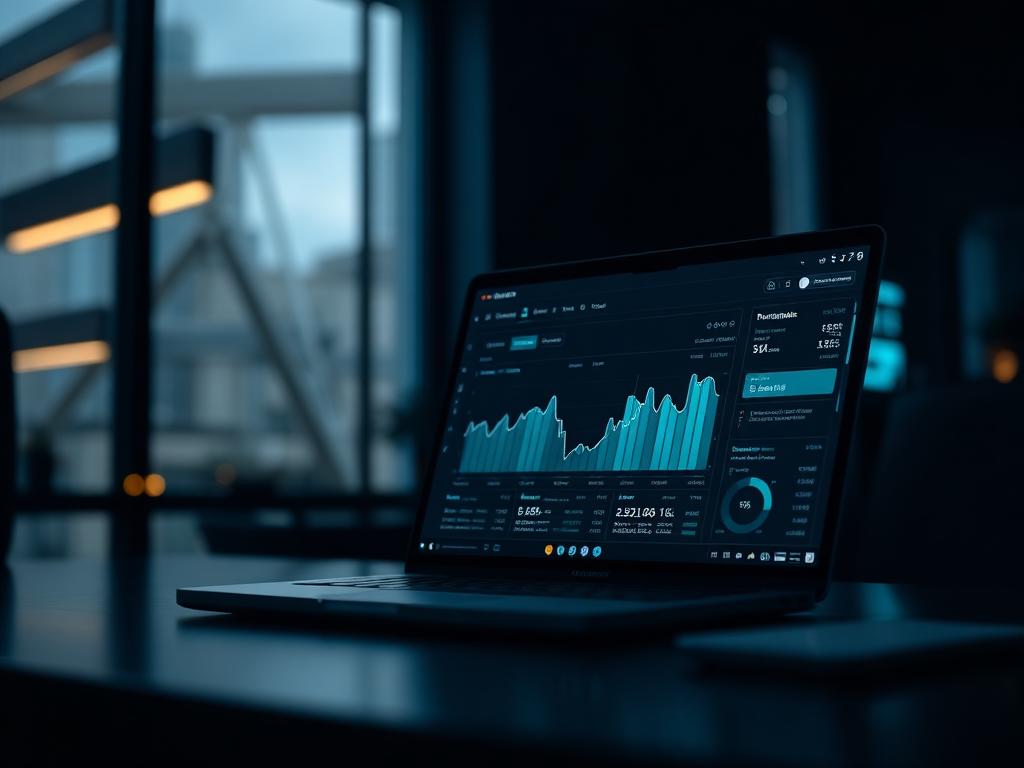 Financial dashboard with revenue charts glowing on a laptop in a dark office