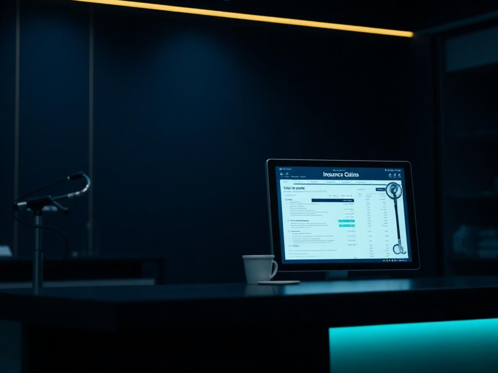 Insurance claims software on a monitor at a medical practice front desk
